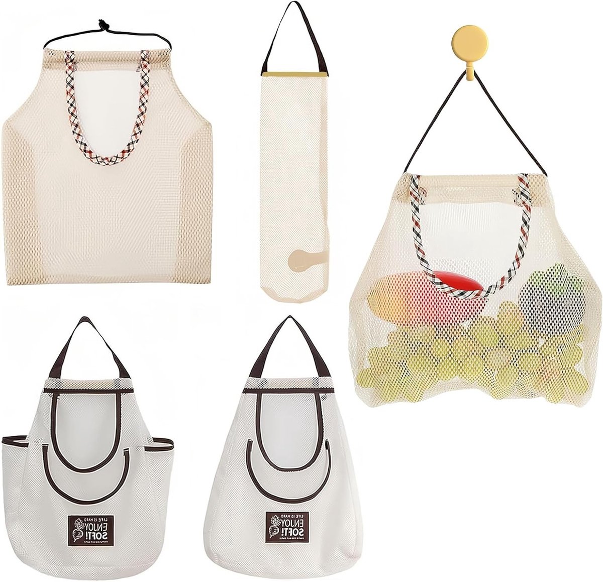 Herbruikbare Groentetas van Net - Beige Mesh Tas voor Fruit, Aardappelen en Uien - Set van 4, Ideaal voor Duurzaam Winkelen en Organiseren