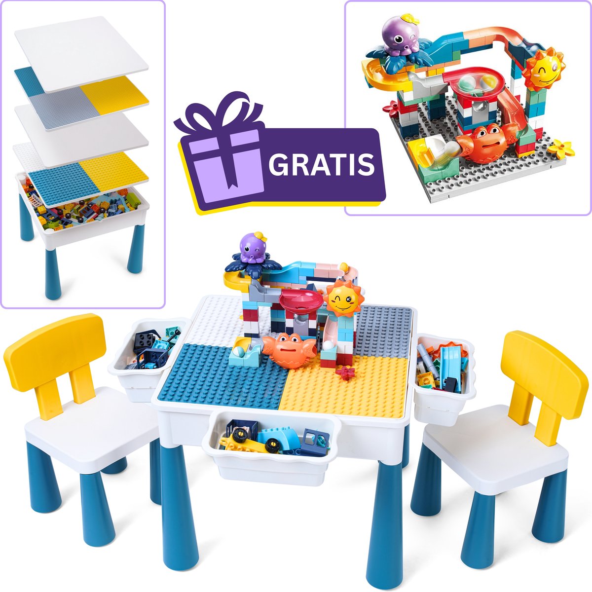 WonderMind Speeltafel BTS003 - Geschikt voor Duplo & Lego Bouwstenen - Met 2 Stoelen En 4 Speelgoed Opbergvakken - Kindertafel - Incl. 152 Bouwblokken Voor Knikkerbaan