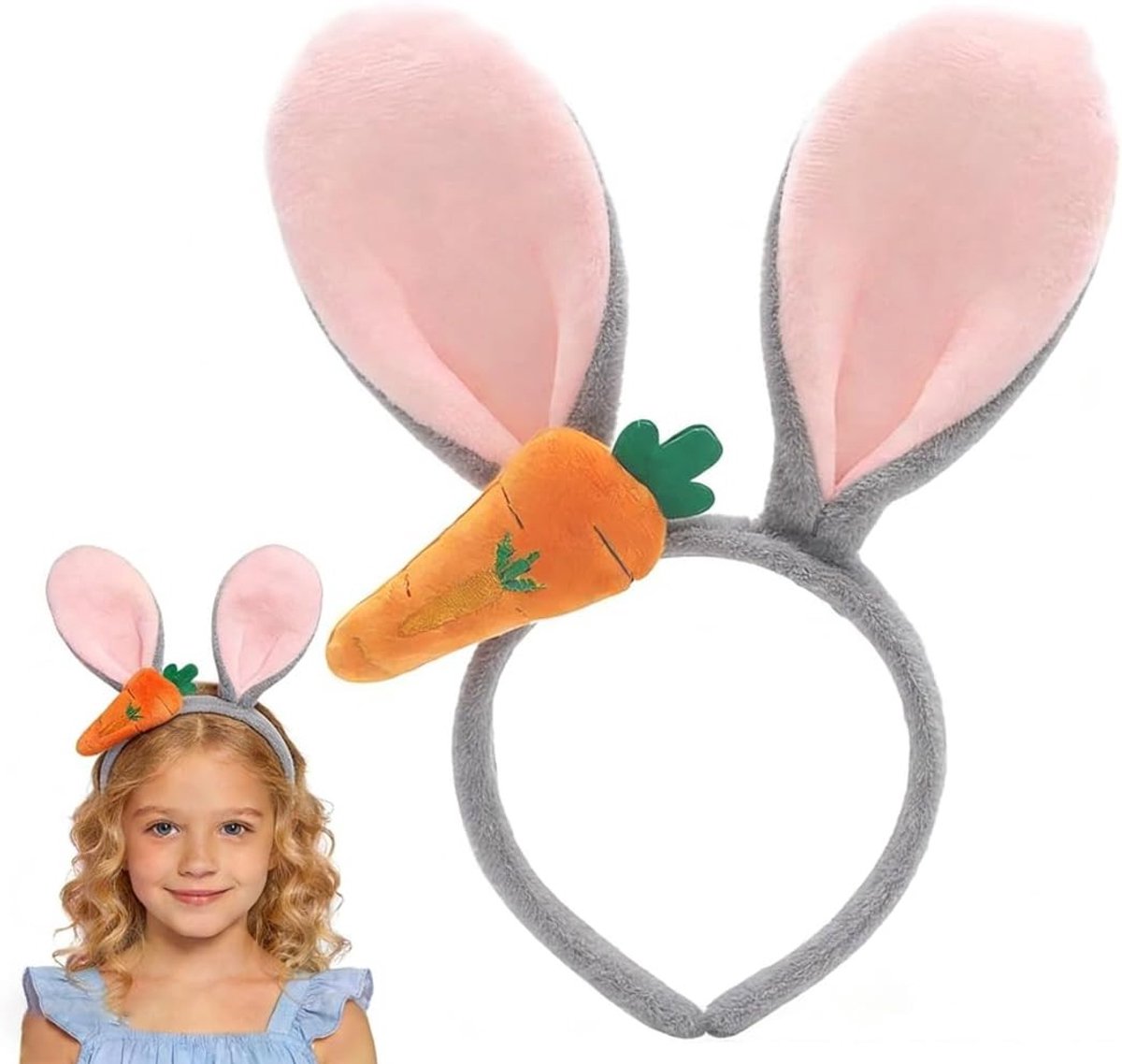 Schattige Konijnenoren met Wortel Haarband voor Carnaval, Cosplay en Pasen - Pluche Kostuum voor Meisjes en Jongens (Grijs)