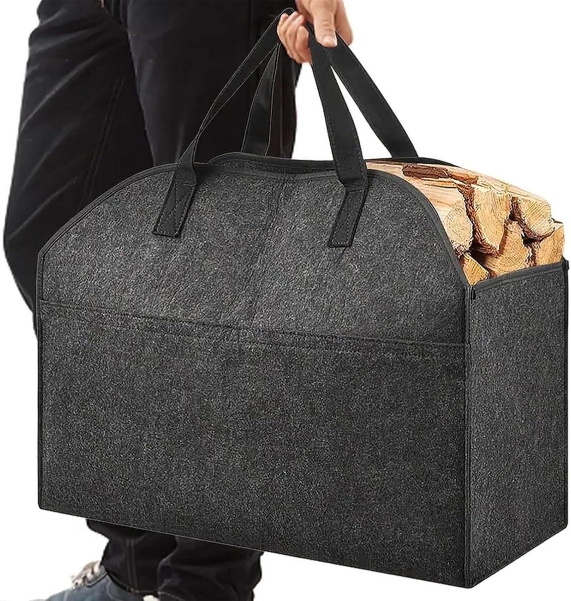 Opbergtas Brandhout - Vilt Mand - Haardhout Opslag - Stevige Handgrepen - 56x25x43 cm - Grijs