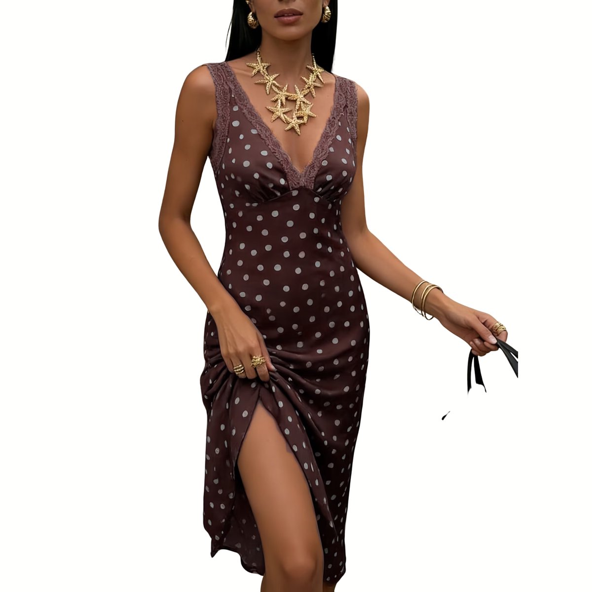 Currero Jurk Met Polkadots Stippen Zomerjurk Dames Zomerjurken Midi Jurk Volwassenen Ibiza Stijl Sundress Dress L Kurkuma