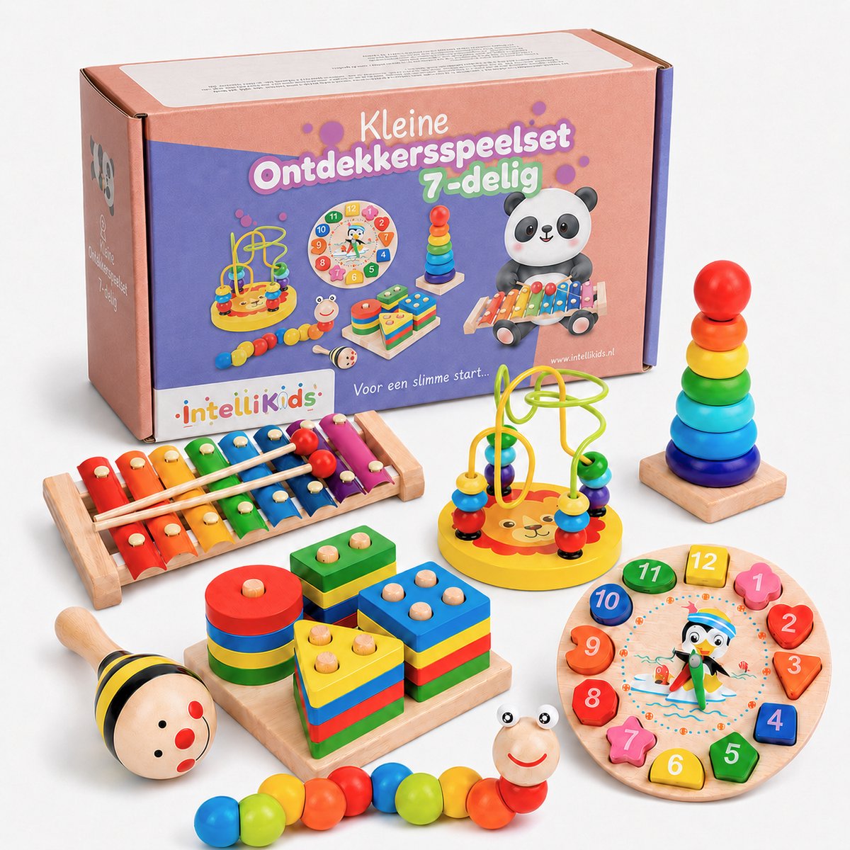 Kleine Ontdekkersspeelset 7 delig - Houten Educatief Speelgoed - Montessori Speelgoed - Peuter Speelgoed - Fijne Motoriek - Stapeltoren, Xylofoon, Leerklok, Kralenlabyrint, Vormenstoof, Rupsje, Maracas - IntelliKids