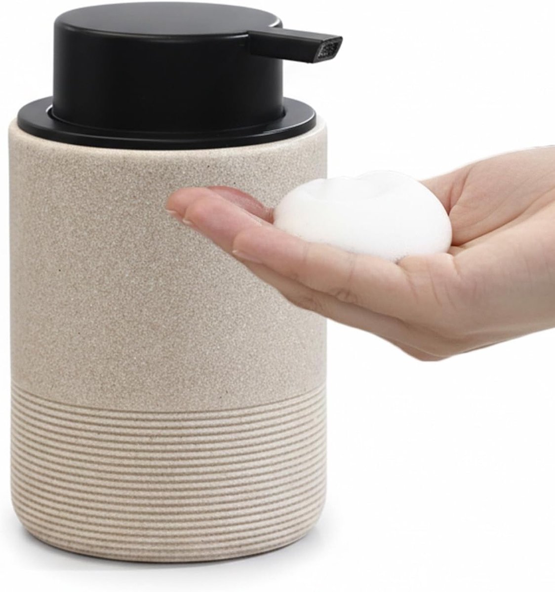 Vulbare, lekvrije schuimzeepdispenser voor badkamer en keuken, luxe ontwerp, beige, ideaal voor handzeep en gebruik op aanrecht
