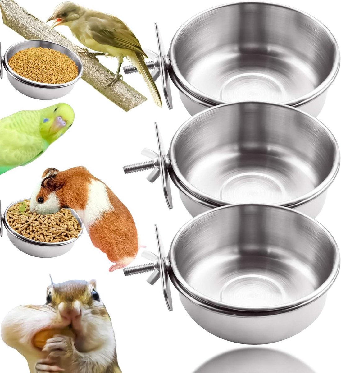 Vogelvoederbakjes - Voerbakjes Kooi - Voer en Water Geven - Met Klem - 3 stuks 10 cm - Zilver