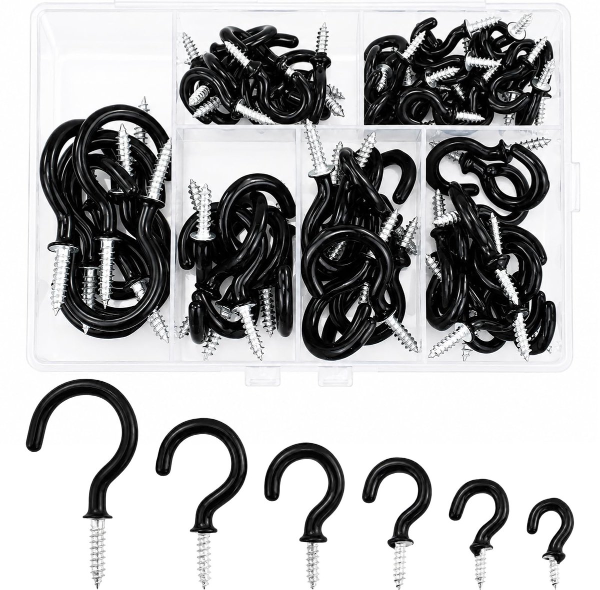 80 stuks zwarte haken, hangende plafondschroef in haken, zware multifunctionele haken, multifunctionele vinyl gecoate wandhaken, 6 maten haken hangers assortimentskit, voor thuiskantoor