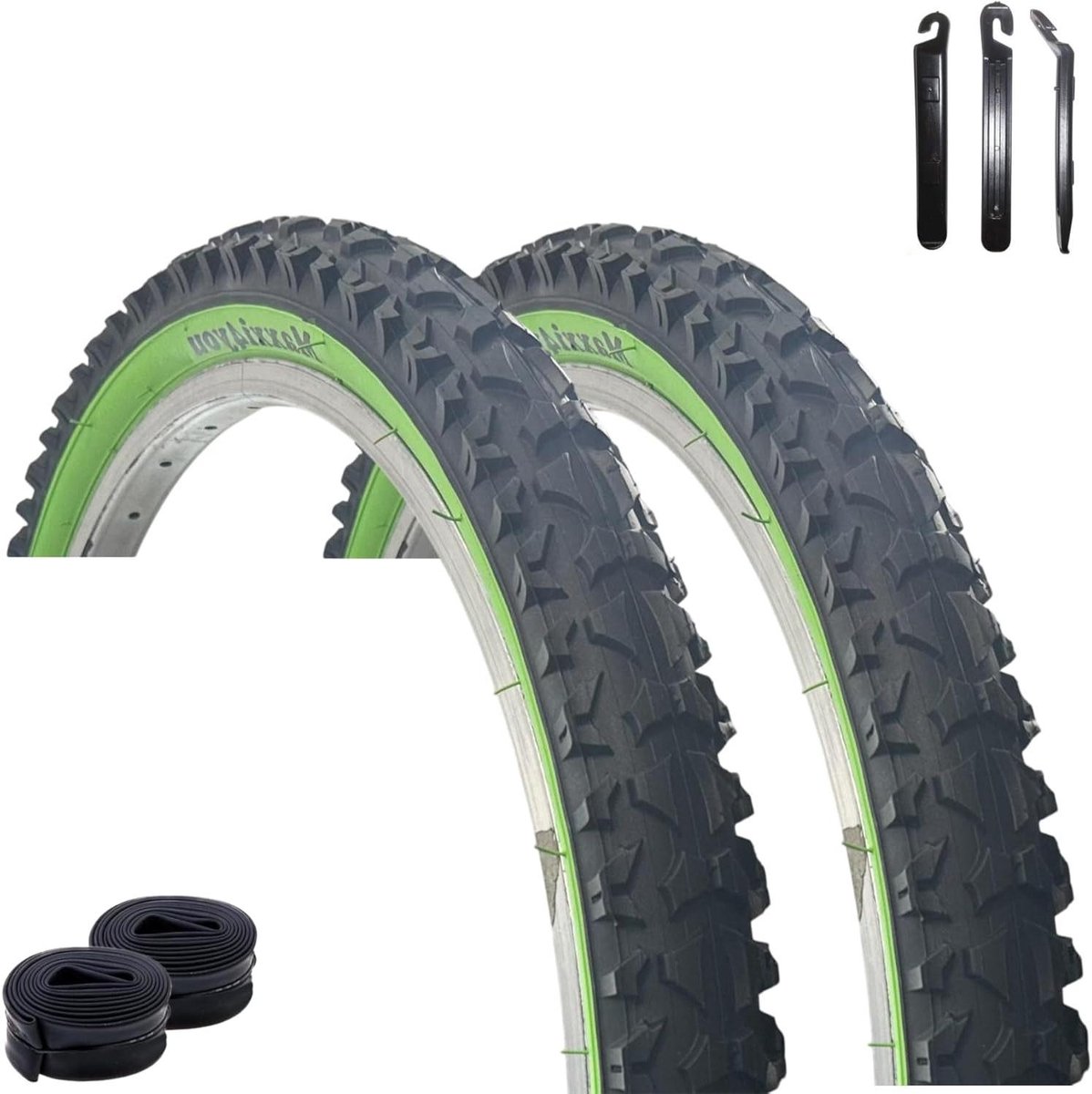Fietsbanden Set - Banden en Binnenbanden - Fietsen Onderhoud - Inclusief Bandenlichter - 24 x 1.95 inch - Zwart Groen
