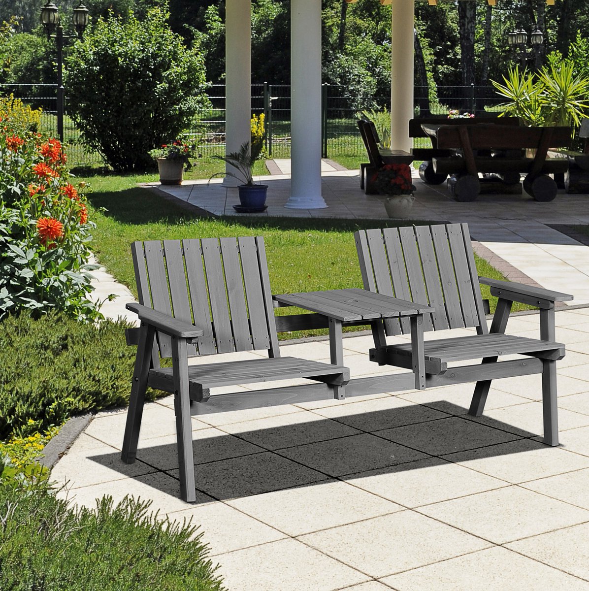 MEUNIQ Tete A Tete tuinbank 152 x 70 x 83 cm met middentafel en parasolgat, 2-zits houten tuinbank met armleuningen voor terras, balkon en tuin, grijs