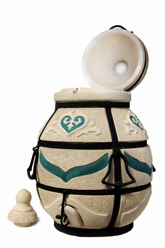 Tandoor Dastarkhan (klapdeksel) - Keramische houtgestookte buitenoven, verticale Kamado voor vlees, groenten en brood - Met 12 XL-spiesen&accessoires - 8 cm dikke wanden voor perfecte warmteopslag - 113 cm - 204,5 kg - 125L *** Met onderstel — afbeelding 2