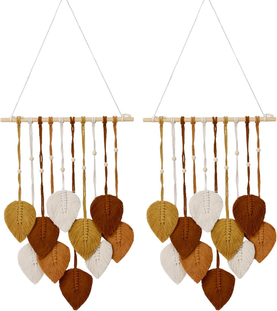 Wanddecoratie, 2 stuks muur opknoping decoratie handgemaakt tapijt boho decor geweven muur opknoping groene blad veer decor met houten kralen en 10 bladeren tapijt voor woonkamer slaapkamer
