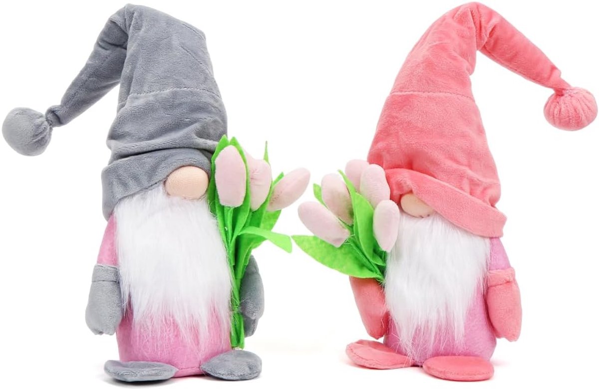 2 stuks kabouters lente met tulpen boeketten, schattige lentekabouters grote lente tulpen cadeau voor vrouwen, mama Moederdag decoratie