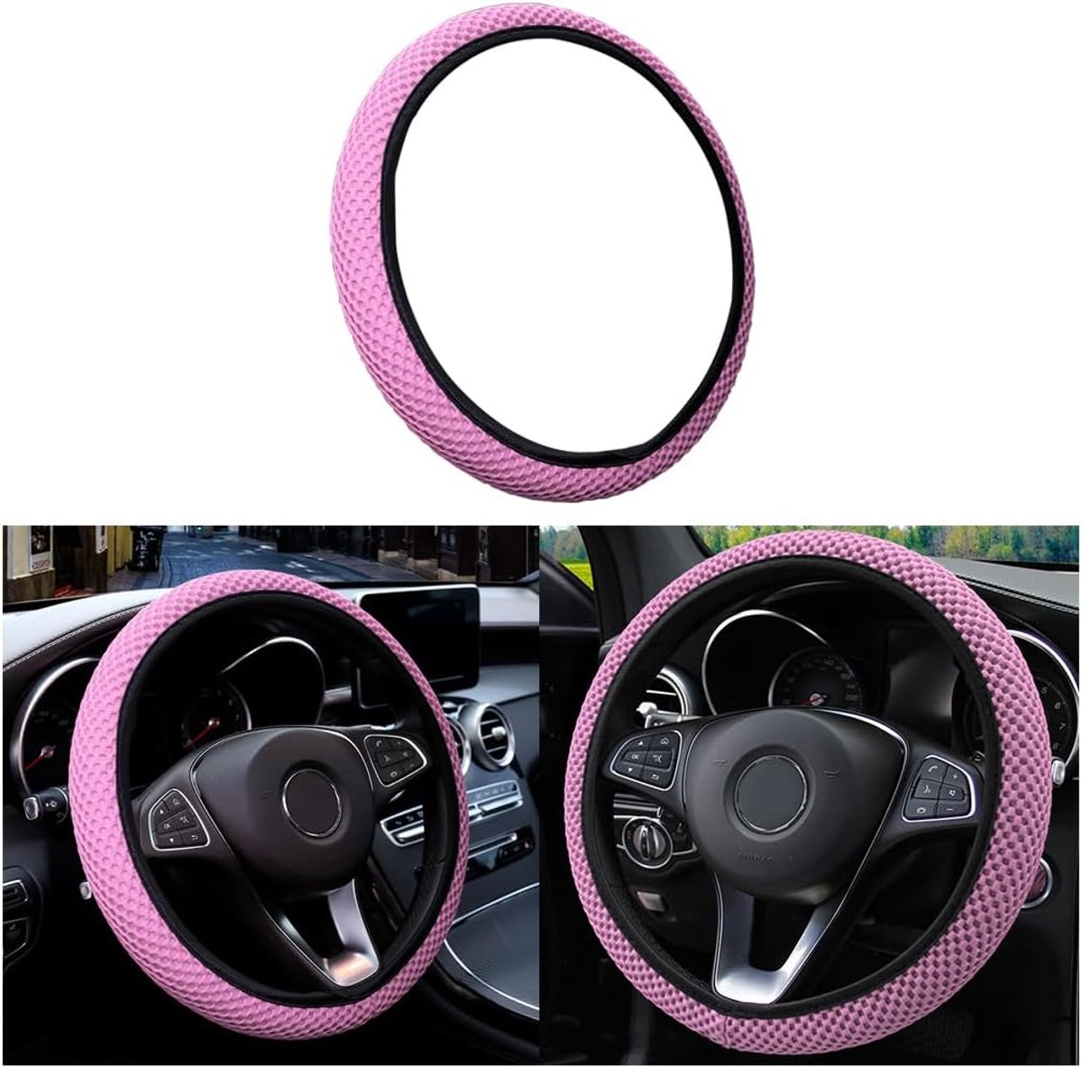 Universele stuurhoes voor auto's, diameter 37-38 cm, elastische stuurhoes, ademende microvezel-ijszijde, warm in de winter en koel in rstate, antislip, geurloos (roze)