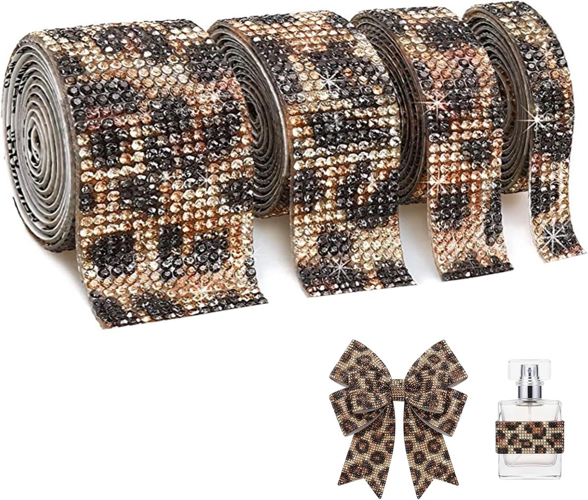 4 rollen zelfklevende strassband, 0,91 m/rol Bling glitterstenen zelfklevend, doe-het-zelf decoratie diamant band 4 rollen in 4 maten (luipaardpatroon)