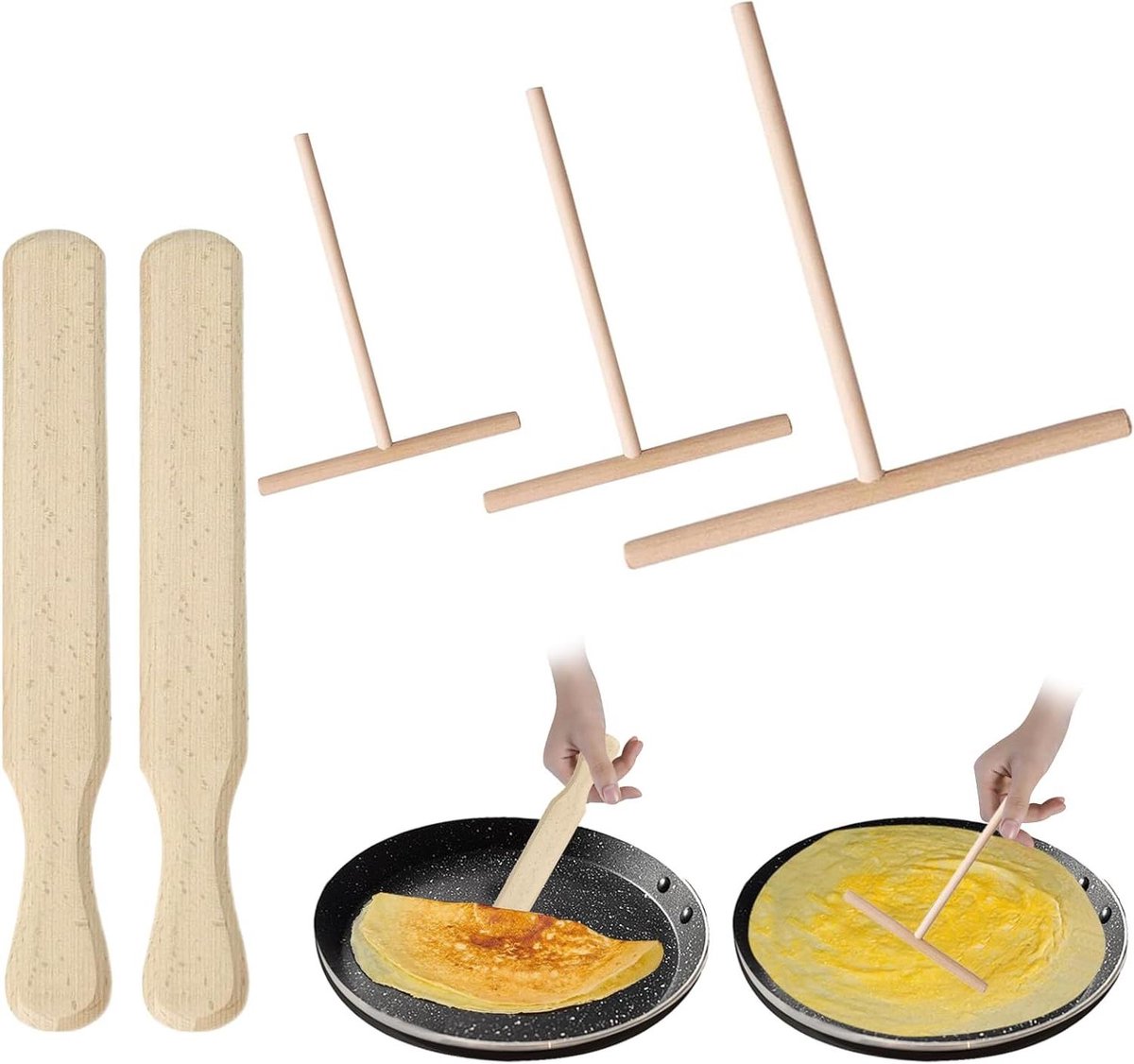 Pannenkoekenverdeler Set - Deegspreider Spatel - Bakken en Koken - Gemaakt van Beukenhout - 3 Maten 9-18cm - Houtkleur