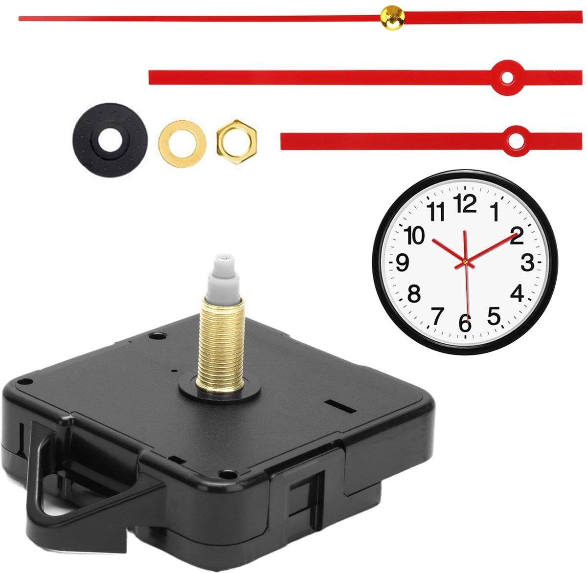 Wandklok 24 mm, inclusief wijzers, robuust, klok reserveonderdelen vervanging, onderdelen reparatiekit (rood)
