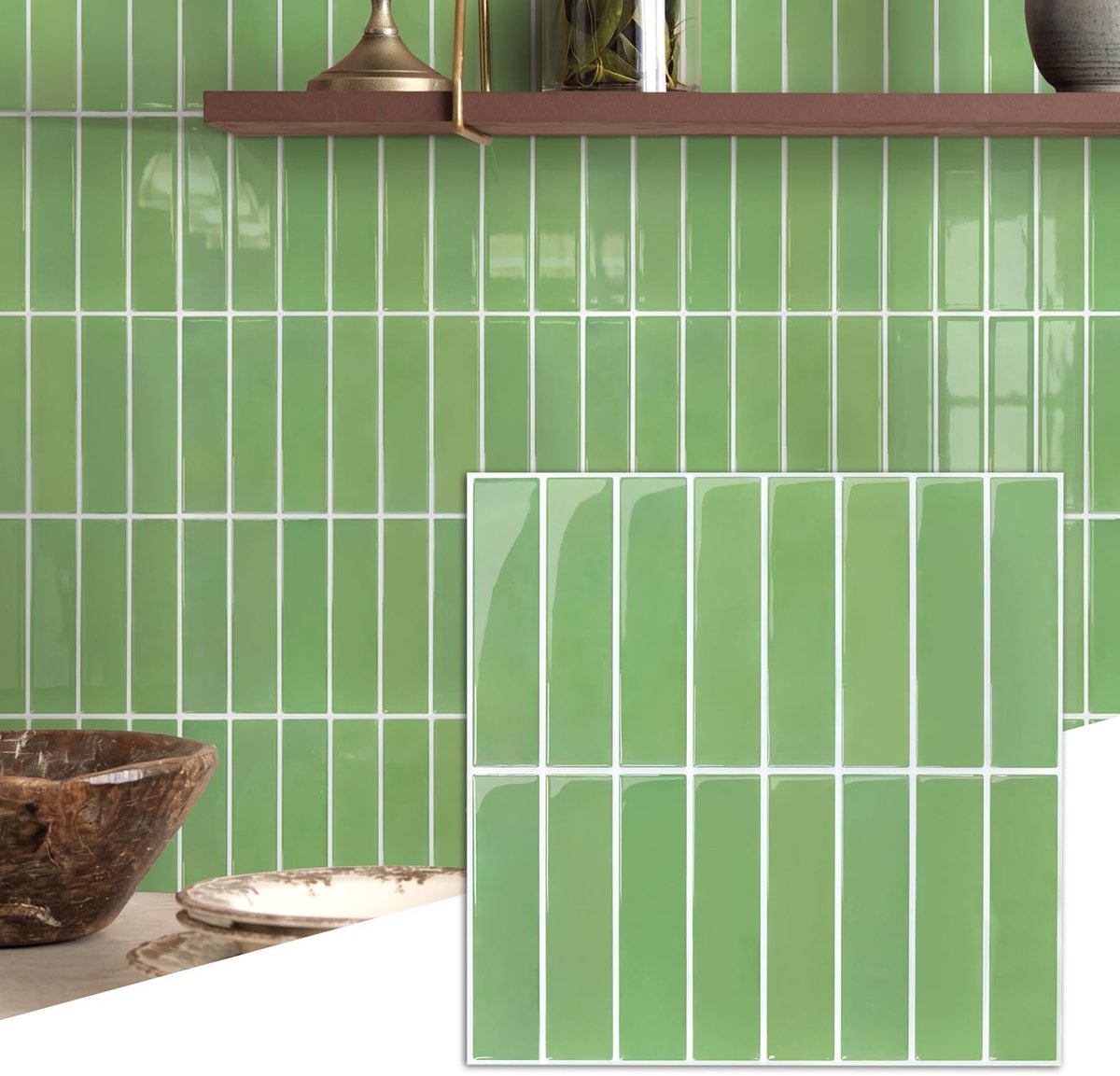 Zelfklevende wandtegels plaktegels voor keuken badkamer, saliegroen, vinyl tegels zelfklevend, metro keukenachterwand tegels zelfklevende(10 stuks, 30,5 x 30,5 cm)