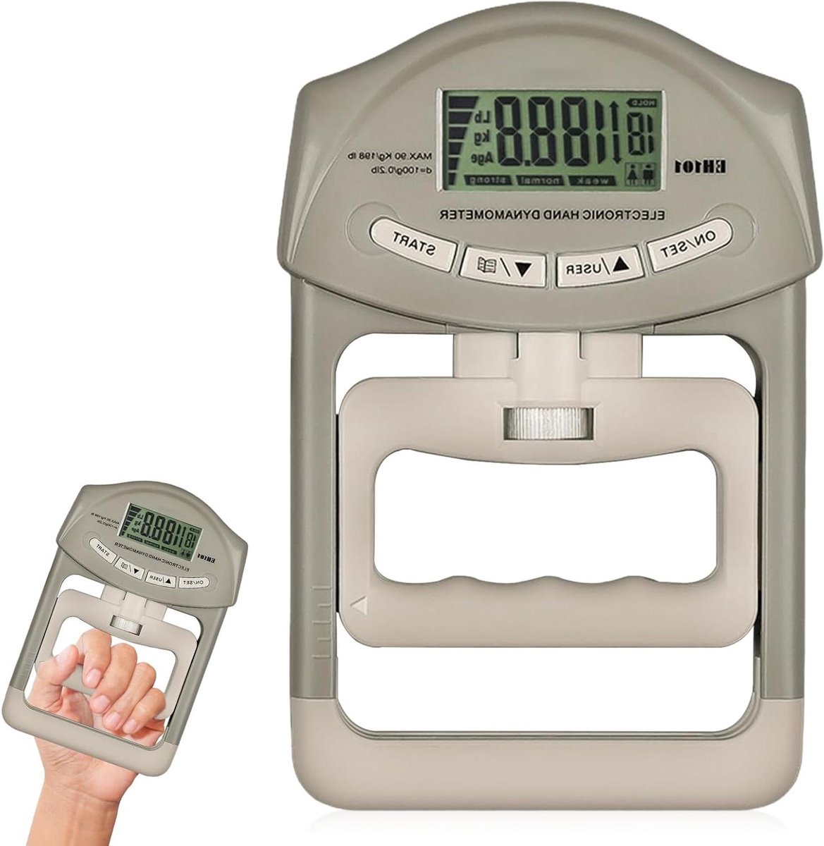 Digitale Handkrachtmeter - Grip Krachttrainer - Sporttraining Meten - Hoge Nauwkeurigheid Sensor - Tot 180 kg - Grijs