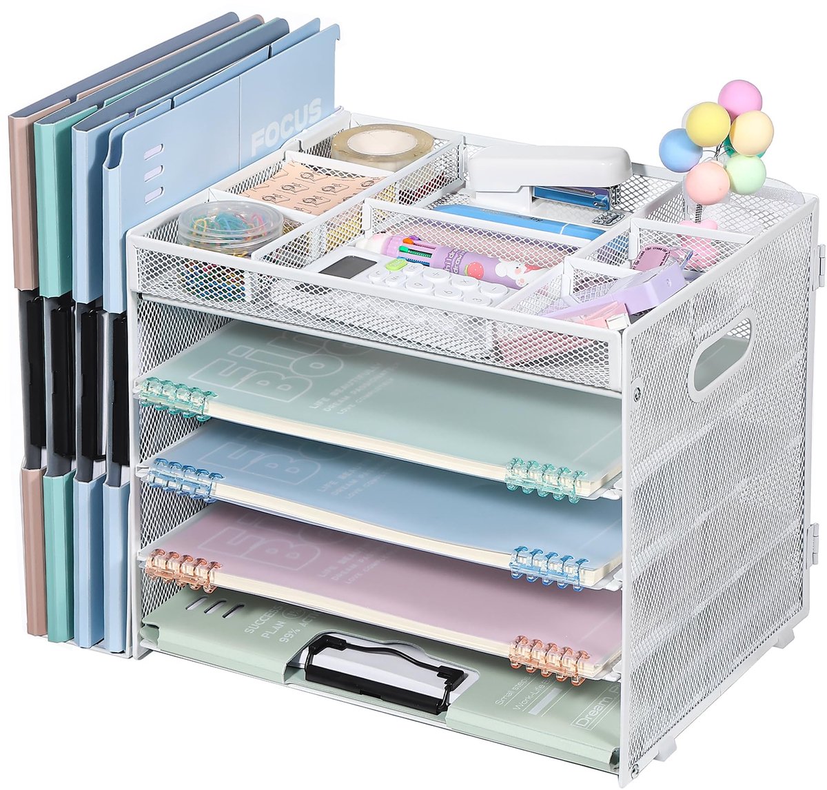 Bureau-organizer met dossierhouder, papierlade-organizer met 5 lagen en lade, bureau-organizer en opslag met rechtopstaande secties voor kantoorbenodigdheden (Wit-Compartimenten)