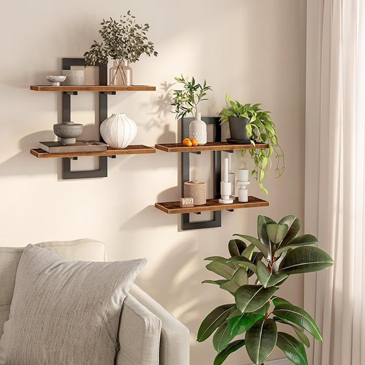 Set van 2 Zwevende Wandplanken - Wandgemonteerde Opbergrekken met 2 Niveaus - Rustiek Bruin Houtlook met Zwart Metalen Frame - Voor Keuken, Woonkamer en Badkamer EBF32BJ01