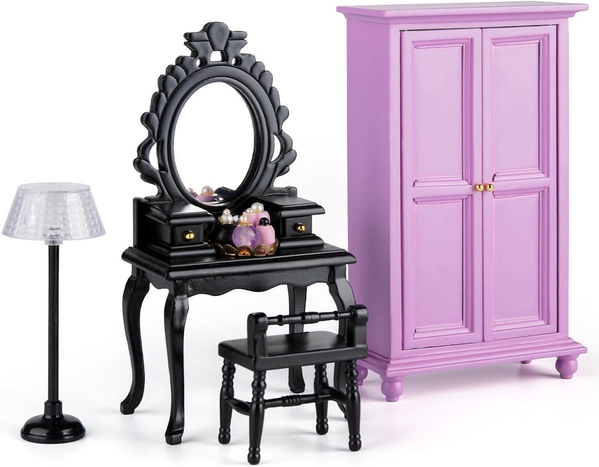 Poppenhuis Slaapkamermeubilair - Miniatuur Meubels - Poppenhuis Decoratie - Donkere Stijl Set - Schaal 1:12 - Zwart