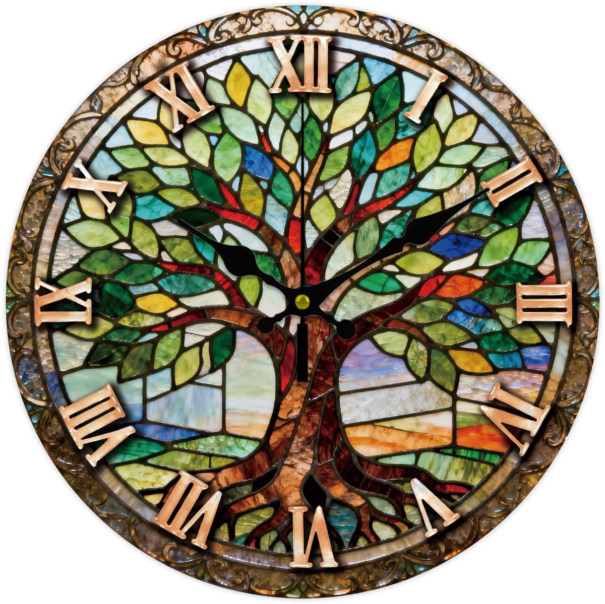 Wandklok met kleurrijk glas, levensboom-patroon, 30 cm, geruisloos, rond, vezelhout, voor slaapkamer, woonkamer, keuken, kantoor