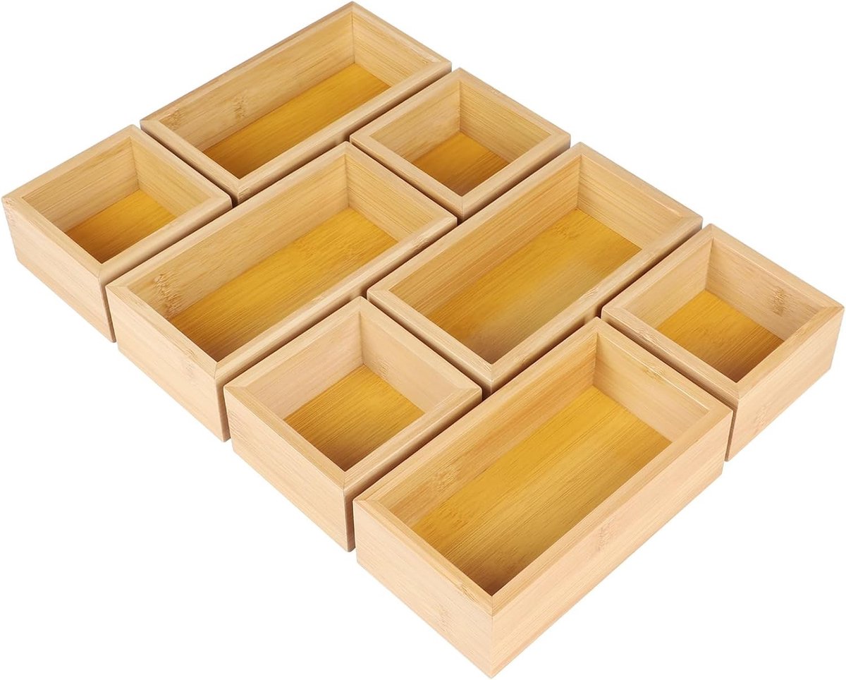 Thijox - Set van 8 Bamboe Lade-Organizers, Houten Opbergdozen voor Cosmetica, Keukengerei, Make-up, Sieraden, Kantoor, Badkamer, Natuurkleur