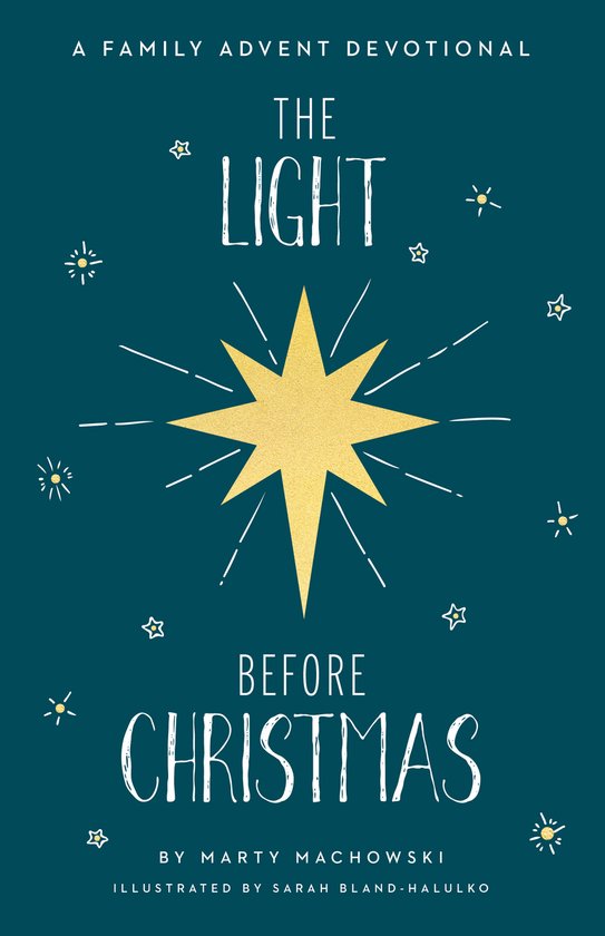 Boekomslag: donkerblauwe achtergrond met een gouden ster en witte tekst: The Light Before Christmas.