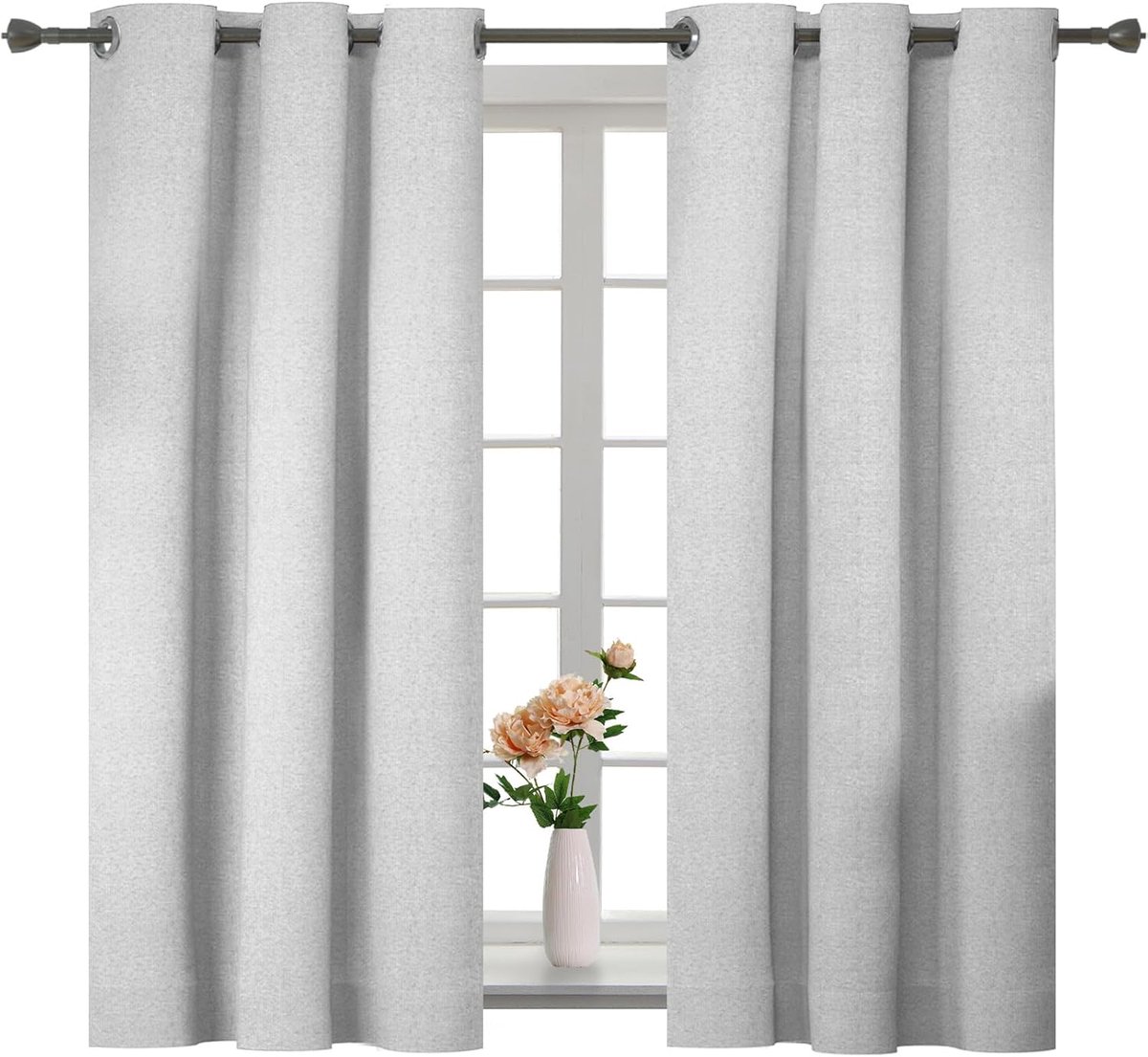 100% Verduisterend Linnen Effect Gordijnen Set Van 2, 117x137cm, Thermisch Isolerend Koud En Warm Gordijn Met Ringen, Thermogordijnen Voor Slaapkamer Woonkamer, Asasgrijs