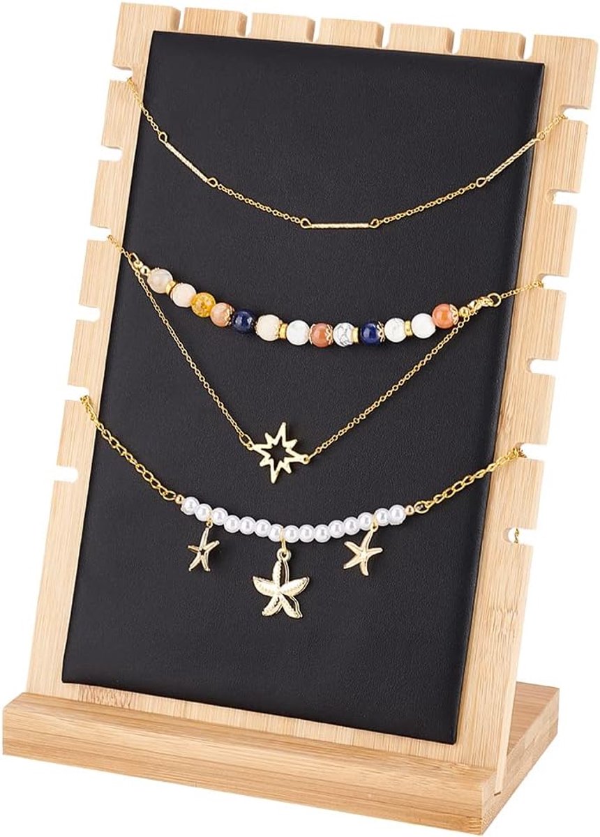 PandaHall Halskettinghouder van hout, 9 sleuven, sieradenstandaard, tafeldisplay, houten ketting, organizer, halsketting met zwart leer, voor halskettingen, sieraden, 9,5 x 17 x 25 cm