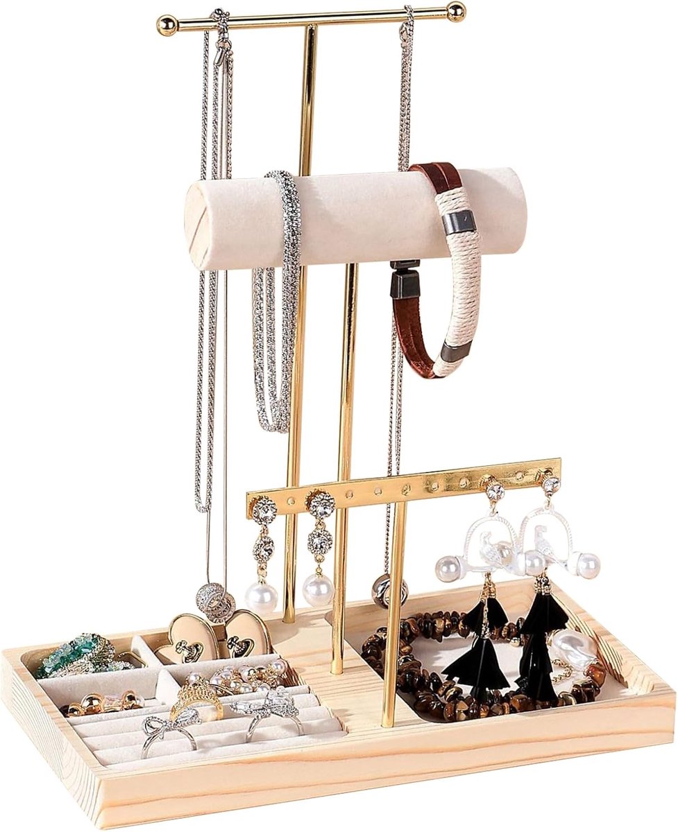 goud, 3-traps verstelbare sieradenhouder, organizer, standaard, met oorbelstandaard, armband, standaard, sieradenopslag, oorbellen voor meisjes en vrouwen