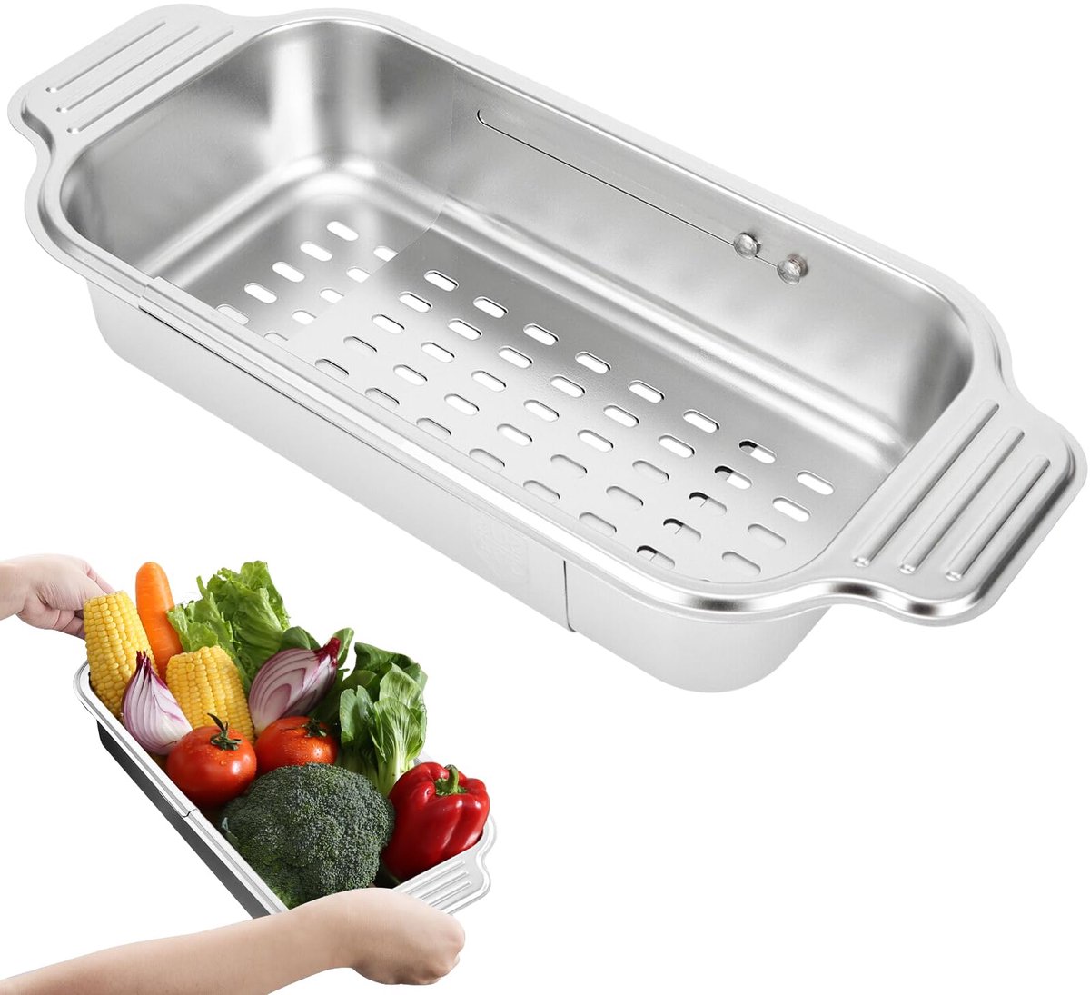 Afdruiprek, intrekbare spoelbak van roestvrij staal, keukenzeef, groenteafdruiprek, ideaal voor het wassen van groenten en fruit, voor het afdruipen van gekookte pasta - medium