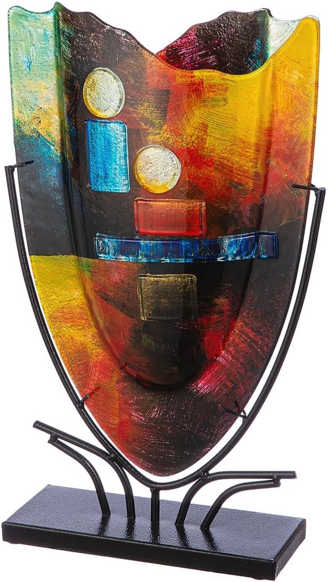 GLAS art Grote decoratieve vaas - handbeschilderde glazen vaas met metalen standaard - decoratie woonkamer hoogte 49 cm meerkleurig