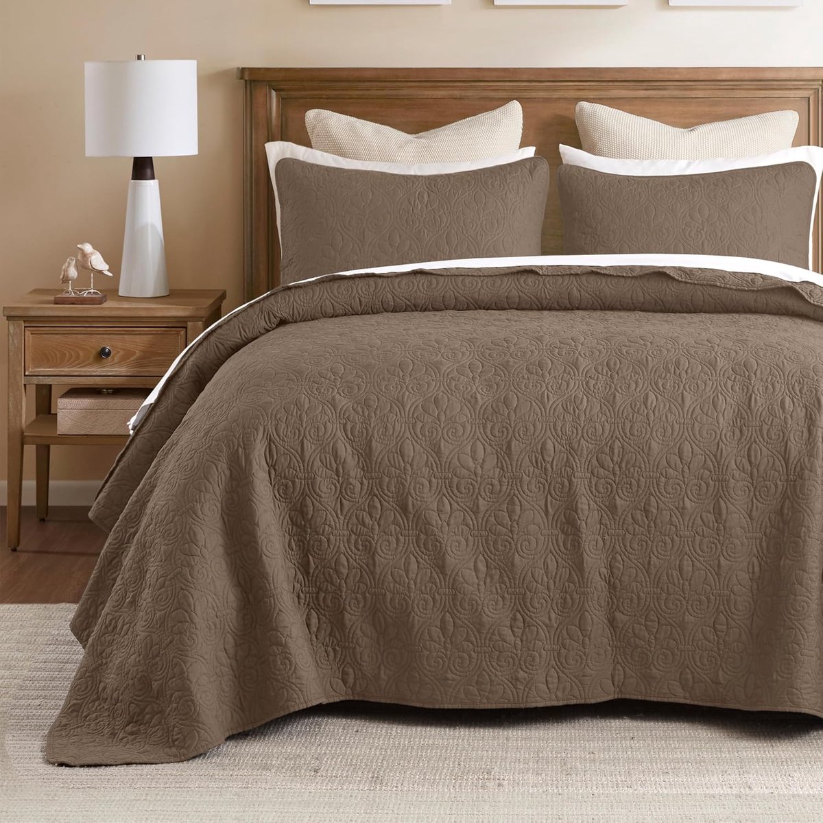 Park Quebec 3-delig dubbelzijdig klassiek boheems ontwerp. Cottage slaapkamer decor gezellige sprei stijl quilt hypoallergeen beddengoed voor het hele seizoen (124 x 199 cm), mokka