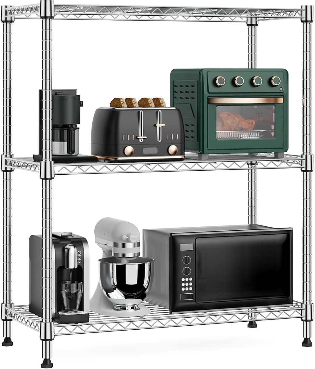 MZG Metalen Opbergrek met Verstelbare Planken, 3-Laags Stellingkast voor Keuken, Badkamer, Wasruimte en Thuisopslag, Vrijstaand Draadrek, 35×75×90,2 cm, Draagvermogen tot 340,5 kg,Chroom