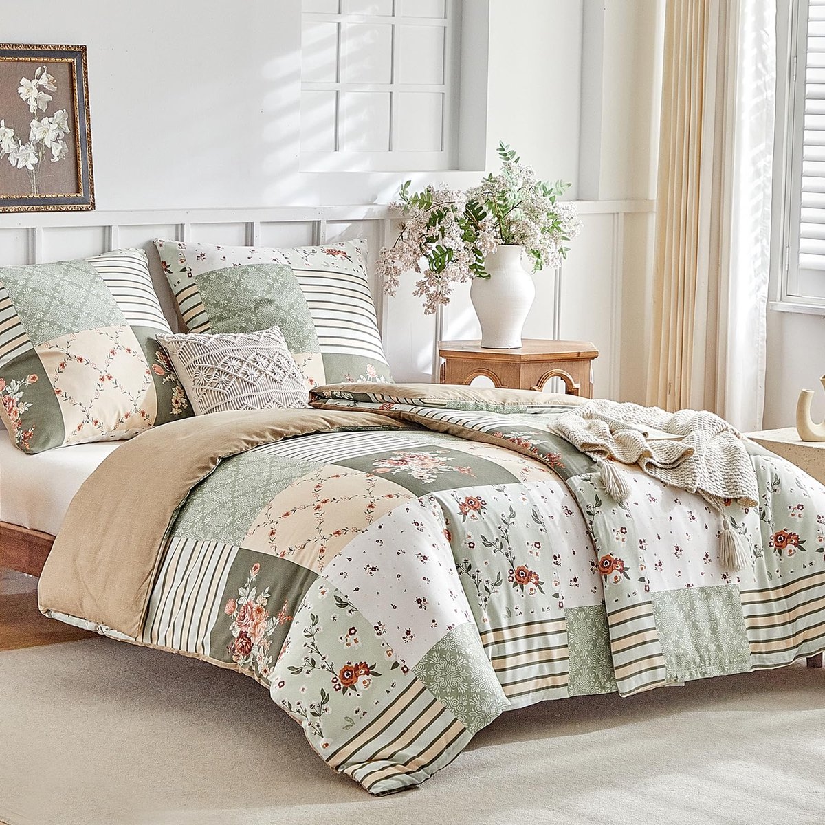 Beddengoed 135 x 200 cm, 4-delig dekbedovertrek - beddengoedsets 135 x 200 cm, 2-delige set met 2 kussenslopen met ritssluiting 80 x 80 cm, patchwork, bloemenpatroon, Bohemi, groen