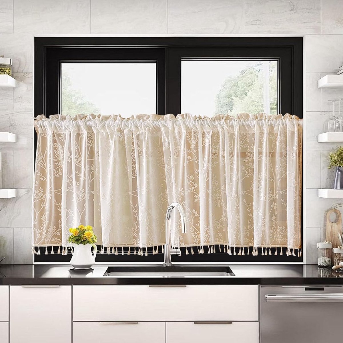 Set van 2 vitragegordijnen, halftransparant, bistrogordijnen, beige, raamgordijn, halve keukengordijnen, raamgordijn voor kleine ramen, keuken, woonkamer, landhuis, 100 x 45 cm (b x h)