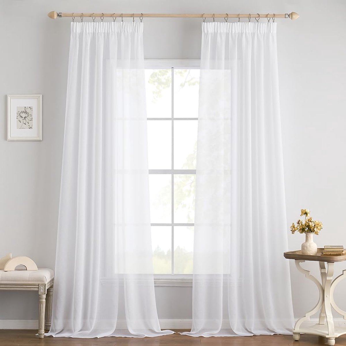transparante gordijnen, 2-delige set, voile met kräuselband, polyester, transparant, woonkamer, luchtig, decoratief, voor de slaapkamer, 140 X 185 cm (b x h), wit