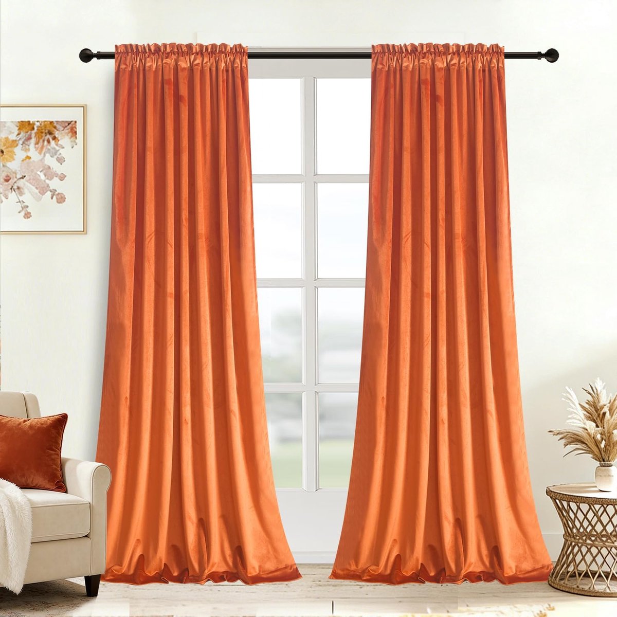 Fluwelen roodoranje gordijnen voor woonkamer - zachte luxe thermisch geïsoleerde gordijnen, roedezak gordijnen, set van 2 panelen, W52 by L96