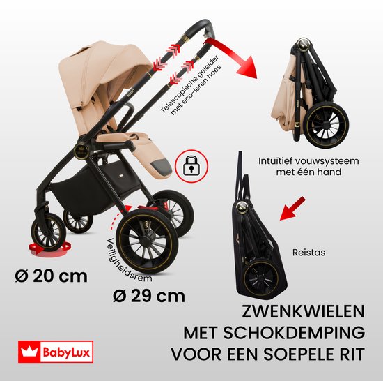 BabyLux® Kinderwagen 2in1 ROSSO, Opvouwbare Lichtgewicht Kinderwagenset Incl. Reiswieg, Buggy Sportzitje, Luiertas En Meer Accessoires, 4 Verstelbare Standen, 0-22kg (0-4 Jaar), Uv-Bescherming 50+ van BabyLux — afbeelding 2