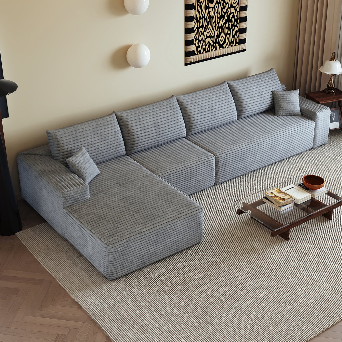 FloraGrace Hoekbank 340 cm - 4-Zits Modulair Met Omkeerbare Chaise Longue En Diepe Zit - Voor Woonkamer Slaapkamer Of Appartement - Stof - Grijs