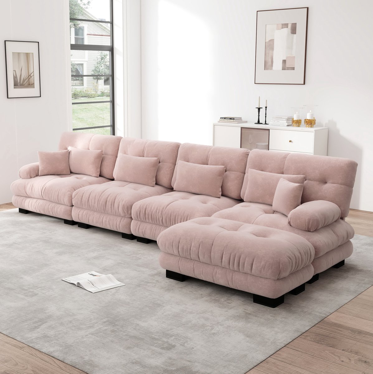FloraGrace Hoekbank 406 x 145 x 81 cm - Modulair 4-Zits Bankstel Met Verplaatsbare Ottoman - Voor Woonkamer - Chenille - Roze