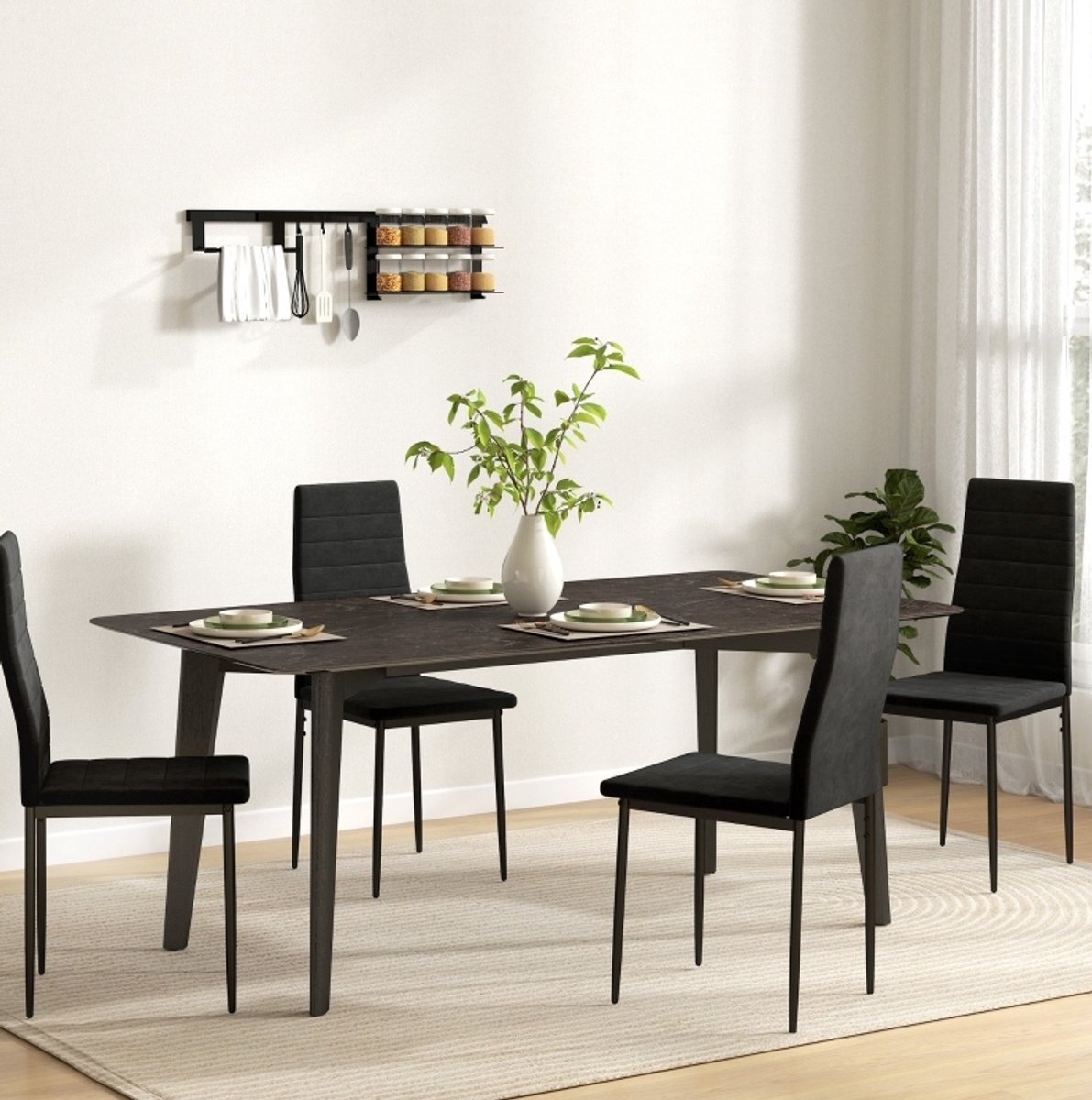 MEUNIQ Set van 4 eetkamerstoelen zwart, armloze normale eetkamerstoel met stofbekleding, hoge rugleuning en metalen poten voor eetkamer, keuken of woonkamer Black