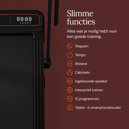 Zwarte loopband met display: stappen, tempo, afstand, calorieën, speaker, interactieve training en 12 programma's.