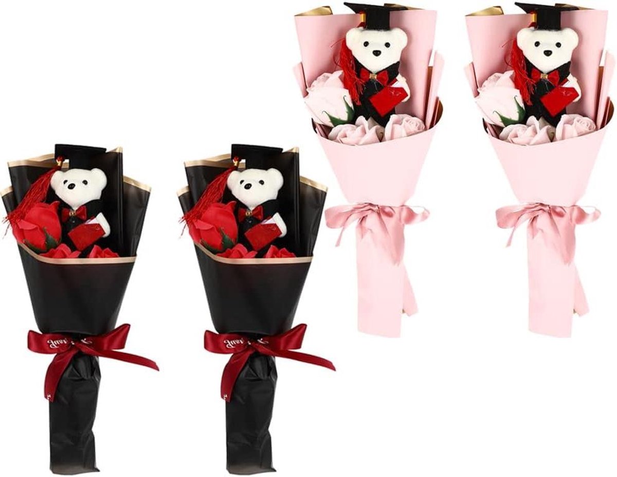 Pluche Beer Boeket - Bloemen Cadeau - Geslaagd Vieren - Met Afstudeerdecoratie - 4 Stuks - Roze