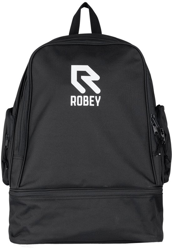 Zwarte Robey rugzak met groot wit logo en "ROBEY" op de voorkant. Heeft een apart vak onderaan.