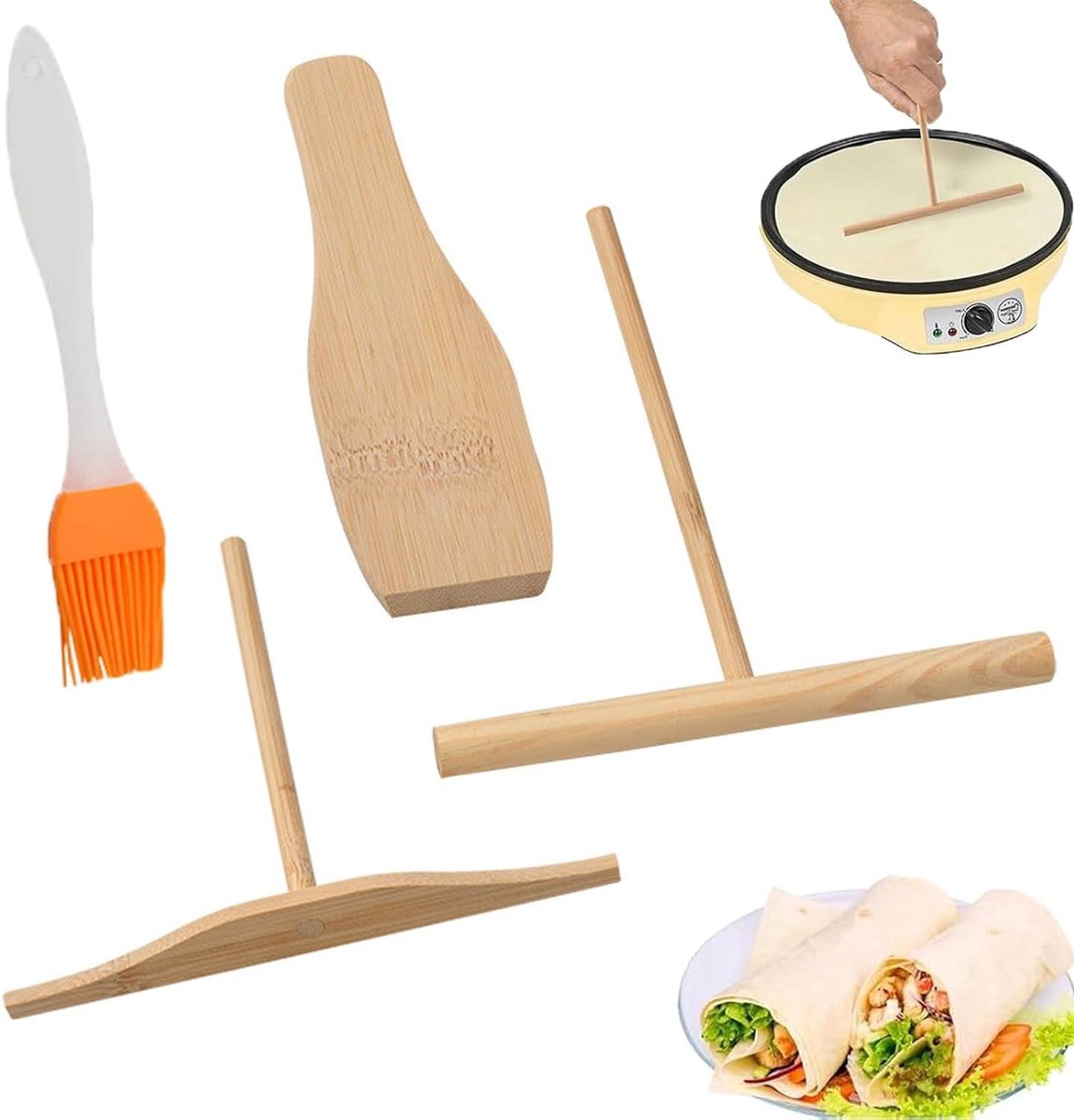 Pannenkoek gereedschap - Deegverdeler Crepe - Gelijkmatig bakken - Natuurlijk bamboe hout - 4 delig - Houtkleur