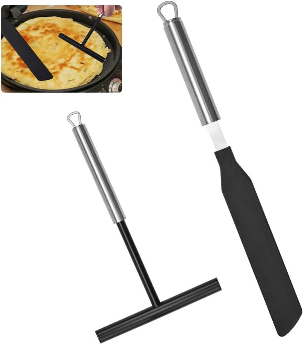 Pannenkoekenroller Set - Crêpe Strooier Spatel - Keuken Benodigdheden - Roestvrij Staal Siliconen - Lange Handgreep - Zwart
