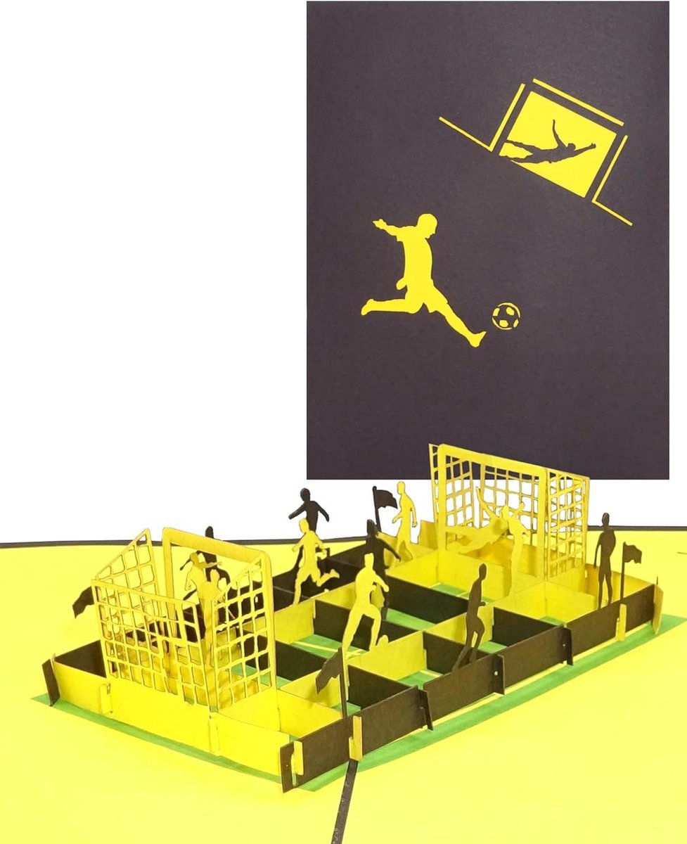 Voetbal Pop-up Kaart - 3D Wenskaart Voetbalfan - Verjaardag Vieren - Handgemaakt Papierkunst - 15 x 20 cm - Zwart Geel