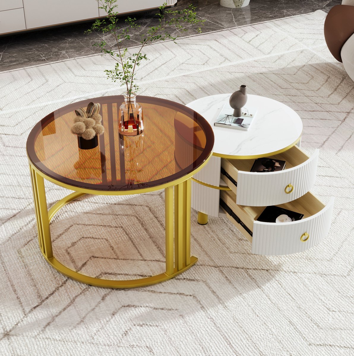 HAUSS SPOLE Salontafel - 2 Delige Ronde Salontafelset Met 2 Lades - Combineerbaar Voor Woonkamer Of Balkon - MDF En Glas - 70x70x45 Cm - Wit Goud Bruin