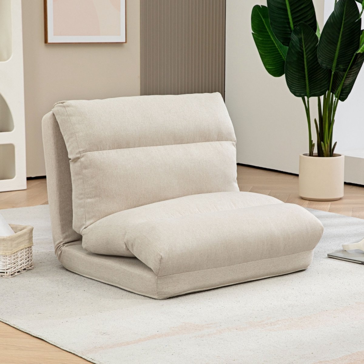 OKWISH Fauteuil 70 X 72 X 56 Cm - 6 Standen Verstelbare Rugleuning Met Bedfunctie - Opvouwbaar Voor Wonen En Ontspannen - Polyester - Beige