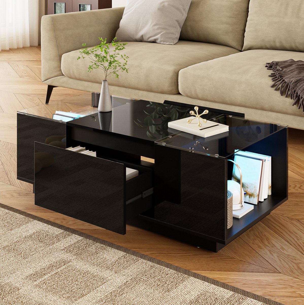 HAUSS SPOLE Salontafel - Ledverlichting Met 2 Lades En Opbergruimte - Voor Woonkamer - Spaanplaat En Glas - 105x50x35 Cm - Zwart